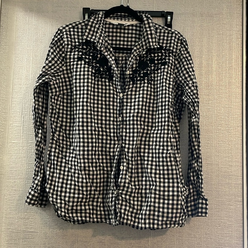 Black and white check button up shirt